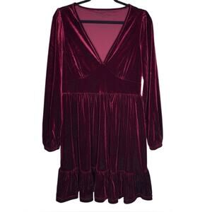 Halara Babydoll Velvet Mini Dress L Long Sleeve Deep V Ruffled Vamp Party NEW